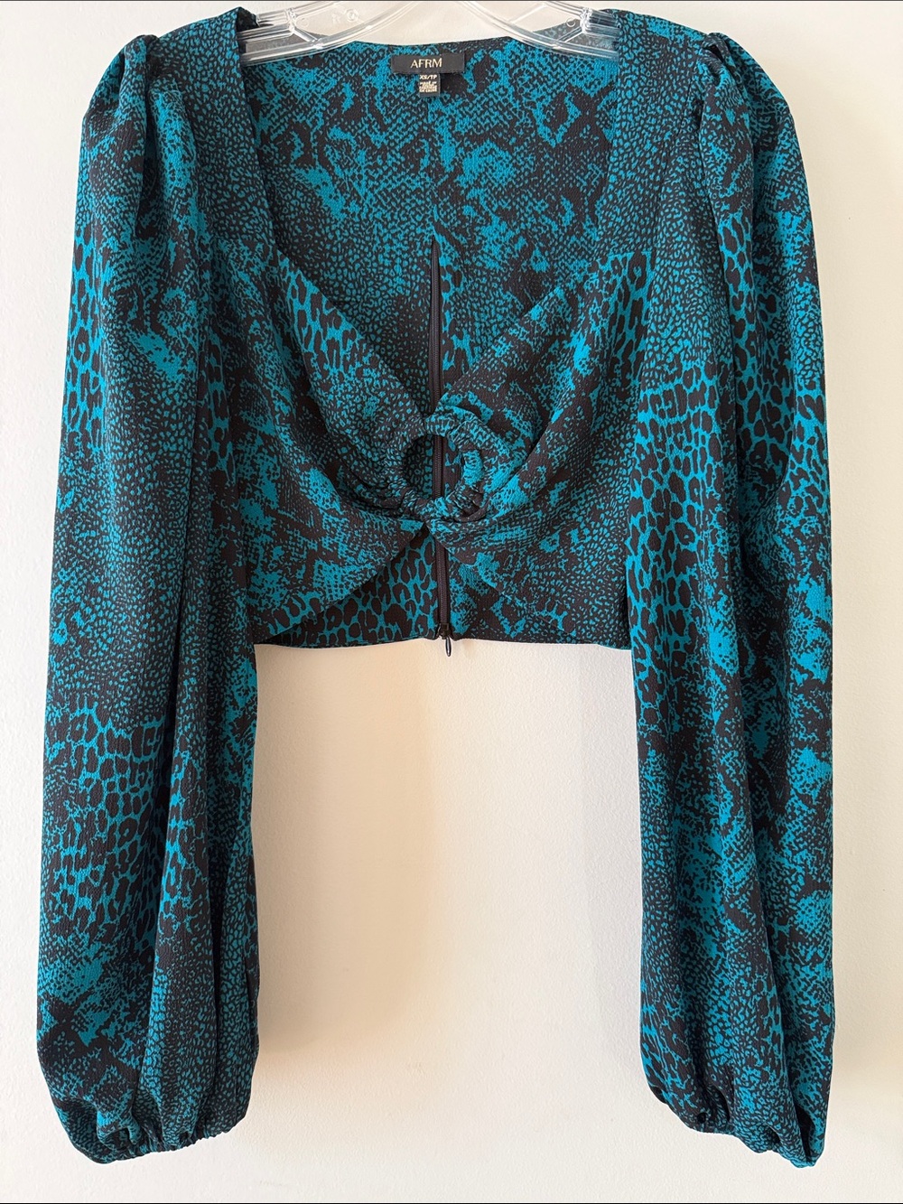 AFRM Teal & Black Twist-Front Long Sleeve Crop Blouse